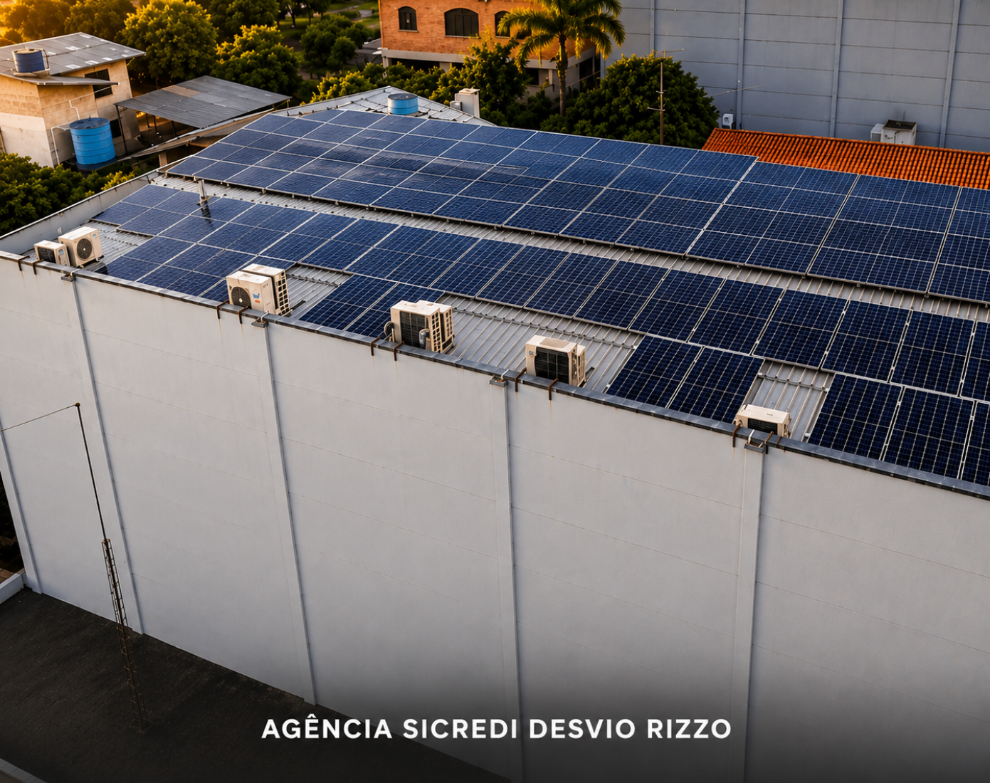 Instalação de placas solares da LJR Energia Solar no telhado da Agência Sicredi Desvio Rizzo, em Caxias do Sul