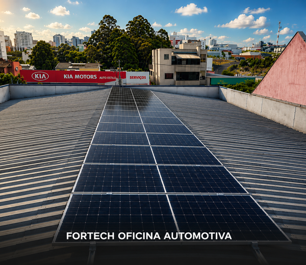 Painéis solares instalados pela LJR no telhado da Fortech Oficina Automotiva